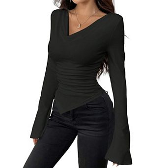 Womens Long Sleeve Top V Neck Ruched Shirts Asymmetrical Hem Fitted Casual Blouse