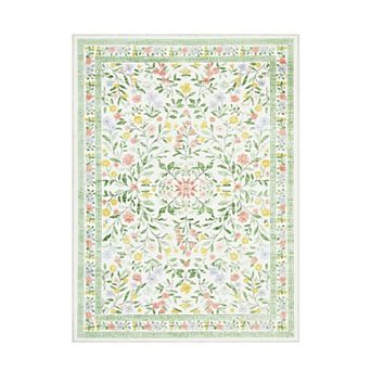 Floral Washable Non Slip Low Pile Wool Carpet Vintage Boho Area Rug for Living Room