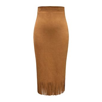 Women's Faux Suede Fringe Midi Skirt Elegant H-Line Long Skirt