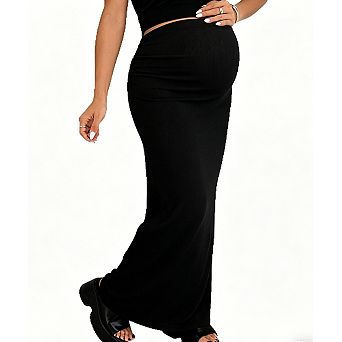 Maternity Knit Adjustable Waist Maxi Skirt Comfortable Long Skirt