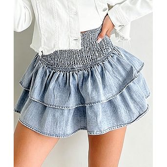 Women's Smocked Denim Tiered Skirt Pleated Ruffle Mini Skirt