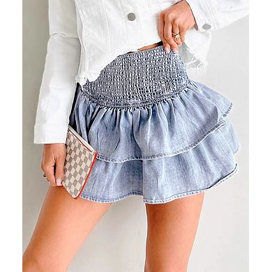 Women's Smocked Denim Tiered Skirt Pleated Ruffle Mini Skirt