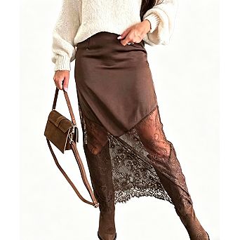 Women's Satin Midi Skirt with Delicate Lace Patchwork Trim