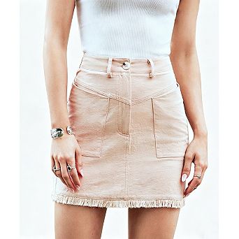 Women's High-Waisted Fringe Hem Mini Skirt with Pocket Detail