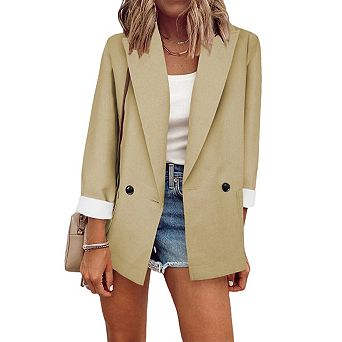 Womens Solid Color Open Front Blazer Long Sleeve Office Jacket Work Cardigan with Pockets