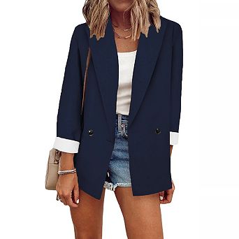 Womens Solid Color Open Front Blazer Long Sleeve Office Jacket Work Cardigan with Pockets