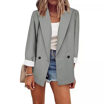 Womens Solid Color Open Front Blazer Long Sleeve Office Jacket Work Cardigan with Pockets
