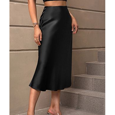Women's Elegant Satin Midi Skirt A-Line Summer Long Skirt