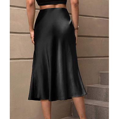 Women's Elegant Satin Midi Skirt A-Line Summer Long Skirt
