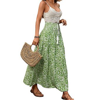 Women's Floral Print Maxi Skirt with Tassel Drawstring Waist