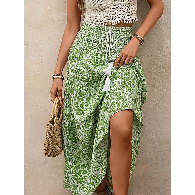 Women's Floral Print Maxi Skirt with Tassel Drawstring Waist