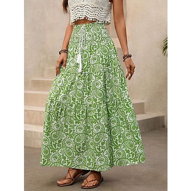 Women's Floral Print Maxi Skirt with Tassel Drawstring Waist