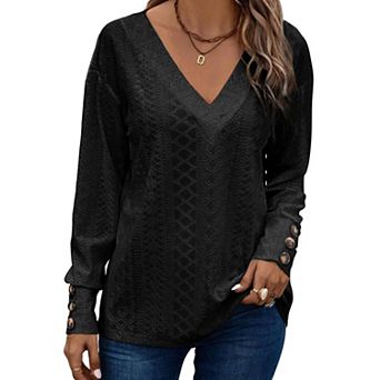Long Sleeve Tops for Women V Neck Blouse Hollow Out Shirts Breathable Casual Tunic Top