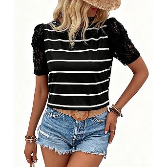 Women's Striped Puff Sleeve Casual Top Vintage Inspired