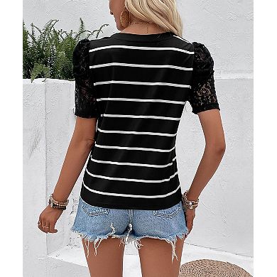 Women's Striped Puff Sleeve Casual Top Vintage Inspired