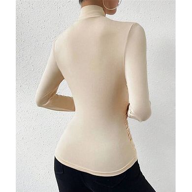 Women's Criss-Cross Neck Ruched Slim Fit Long Sleeve Top