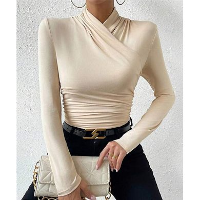 Women's Criss-Cross Neck Ruched Slim Fit Long Sleeve Top