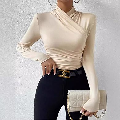 Women's Criss-Cross Neck Ruched Slim Fit Long Sleeve Top