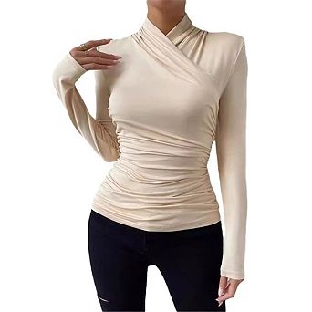 Women's Criss-Cross Neck Ruched Slim Fit Long Sleeve Top
