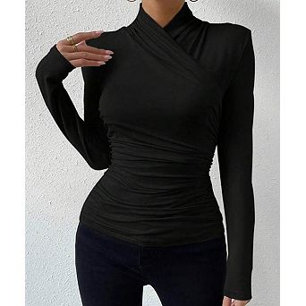 Women's Criss-Cross Neck Ruched Slim Fit Long Sleeve Top