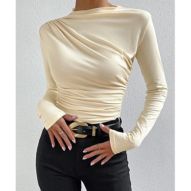 Women's Ruched Crew Neck Slim Fit Versatile Long Sleeve Top