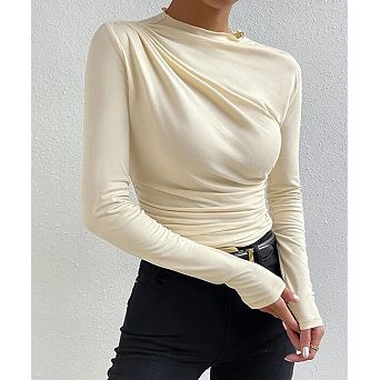 Women's Ruched Crew Neck Slim Fit Versatile Long Sleeve Top