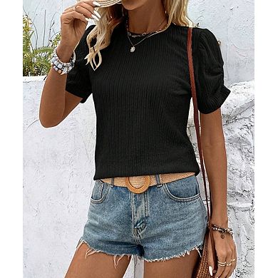 Women's Smocked Crew Neck Fashion Short Sleeve Top