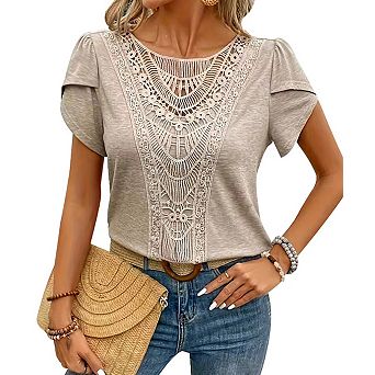 Women's Lace Patchwork Crew Neck Short Sleeve Fashion Top
