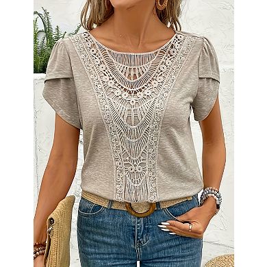 Women's Lace Patchwork Crew Neck Short Sleeve Fashion Top