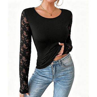 Women's Crew Neck Top with Delicate Lace Long Sleeves
