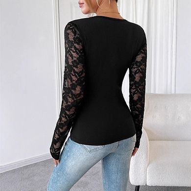 Women's Crew Neck Top with Delicate Lace Long Sleeves
