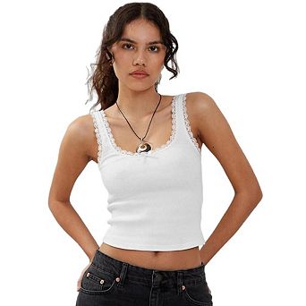 Women’s Ribbed Lace Trim Cami Top, Scoop Neck Cropped Tank Top with Bow, Casual Slim Sleeveless Tops