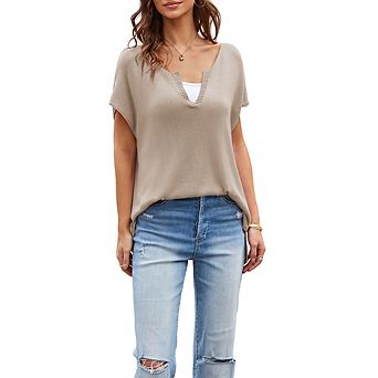 Women's V Neck Knit Tunic Top, Casual Short Sleeve Batwing Knit Shirt, Loose Fit Sweater Blouse