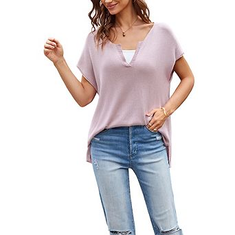 Women's V Neck Knit Tunic Top, Casual Short Sleeve Batwing Knit Shirt, Loose Fit Sweater Blouse