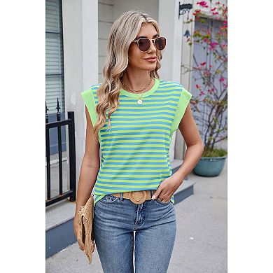 GlowSol Womens Summer Cap Sleeve Crew Neck Tank Tops Striped Shirts
