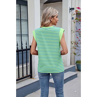 GlowSol Womens Summer Cap Sleeve Crew Neck Tank Tops Striped Shirts