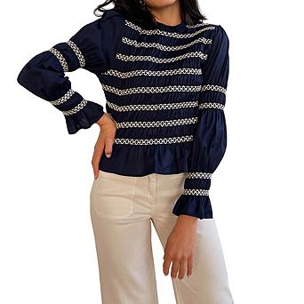 Women's Striped Smocked Blouse, Long Sleeve Ruffled Neck Peplum Top, Casual Embroidered Shirt