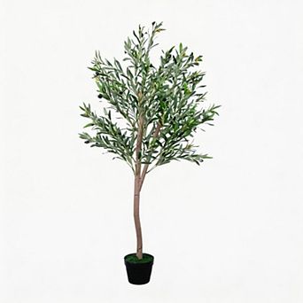5FT Indoor Faux Olive Tree, Artificial Plant with Natural Wood Trunk, Lifelike Fruits and Planter