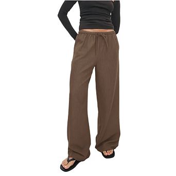 Women's Summer High Waist Palazzo Pants, Drawstring Wide Leg Flowy Beach Trousers