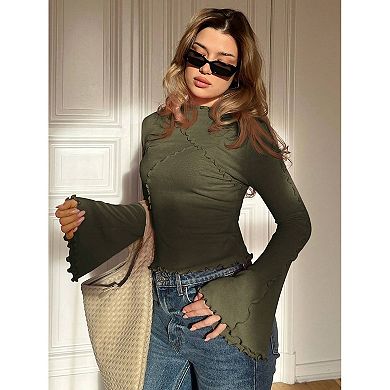 Bell Long Sleeve Tops for Women Ruffle Trim Mock Neck Shirts Elegant Slim Fit Blouse Basic Tops
