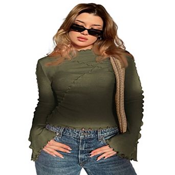 Bell Long Sleeve Tops for Women Ruffle Trim Mock Neck Shirts Elegant Slim Fit Blouse Basic Tops