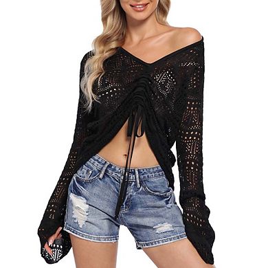 Womens Sweater Crochet Knit Long Sleeve Tops Fashion Casual Pullover Drawstring Ruched Sweater