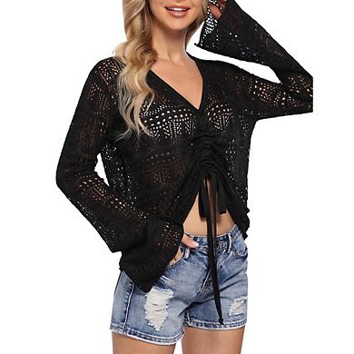 Womens Sweater Crochet Knit Long Sleeve Tops Fashion Casual Pullover Drawstring Ruched Sweater