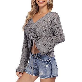 Womens Sweater Crochet Knit Long Sleeve Tops Fashion Casual Pullover Drawstring Ruched Sweater