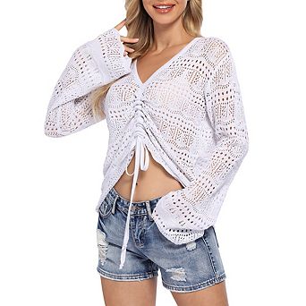 Womens Sweater Crochet Knit Long Sleeve Tops Fashion Casual Pullover Drawstring Ruched Sweater