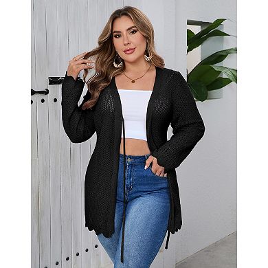 Womens Cardigans Plus Size Crochet Knit Open Front Cardigan Long Sleeve Hollow Out Cover Ups