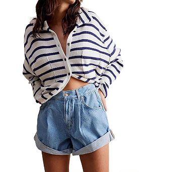 Womens Stretchy High Waisted Beach Casual Trendy Rolled Hem Loose Fit Hot Short Jeans With Pockets