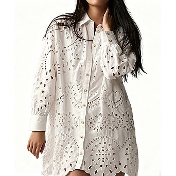 Women's Intricate Eyelet Jacquard Long Sleeve Blouse Elegant Collared Shirt