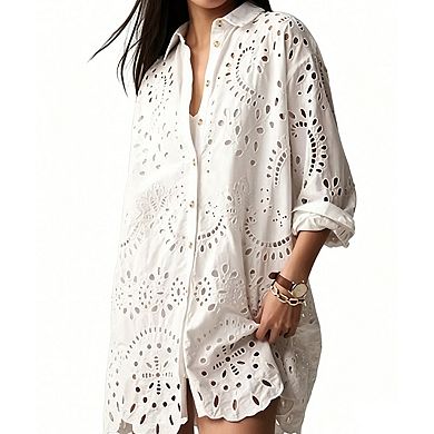 Women's Intricate Eyelet Jacquard Long Sleeve Blouse Elegant Collared Shirt