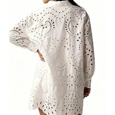 Women's Intricate Eyelet Jacquard Long Sleeve Blouse Elegant Collared Shirt